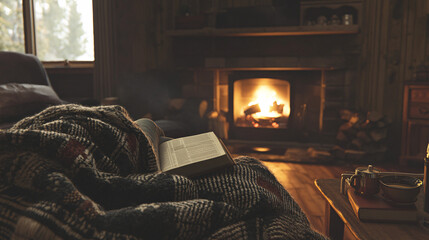 Cozy Winter Evening Person Relaxing by Fireplace with Book and Blanket