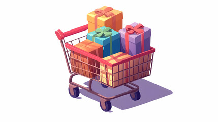 Colorful Gifts in a Red Shopping Cart Isometric Pixel Art Illustration