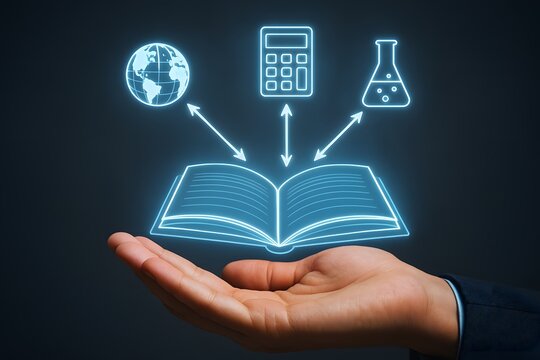 A hand gently cradles an open book, symbolizing knowledge, with icons of the globe, calculator, and flask floating above it, representing global perspective, calculations, and science.
