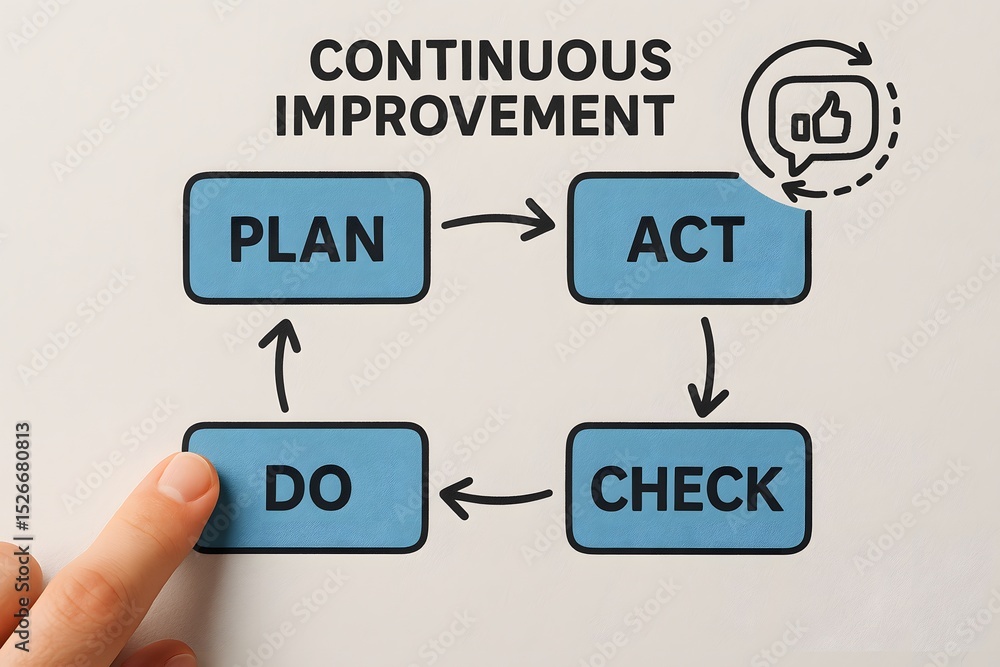 Poster the pdca cycle diagram, showing the process of continuous improvement and the step-by-step guideline