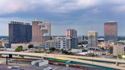 Downtown Orlando skyline at sunset