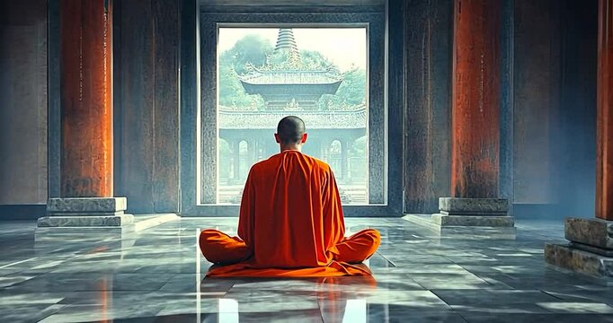 Monk meditating orange robe inside temple with bright light in the background facing away from the camera
