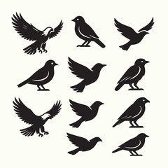 Set of nine vector bird illustrations in a minimalist style, ideal for icons, logos, patterns, and decorative graphic designs.