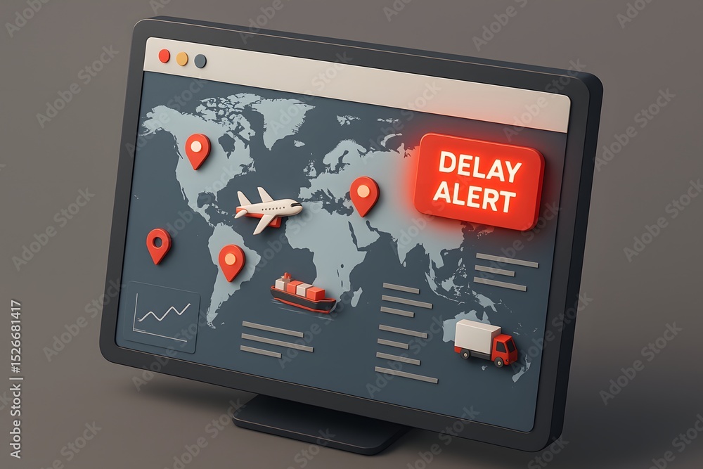 Poster a computer screen displaying a global map with transportation icons and a delay alert notification