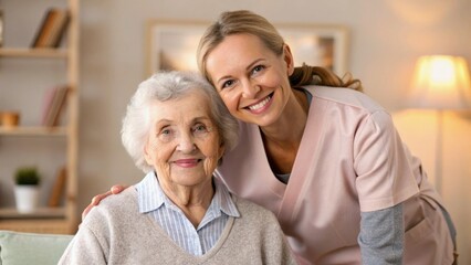 A caregiver smiling with an elderly woman in a warm, inviting setting, showcasing compassion and companionship.
