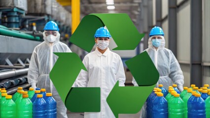 Three workers in protective gear stand in a recycling facility with colorful bottles and a large recycling symbol in the background.