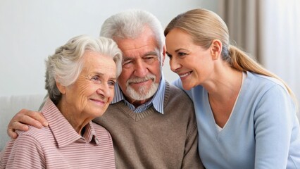 A joyful family moment featuring an elderly couple and their daughter sharing smiles and affection.