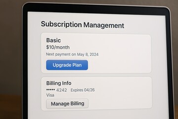 Subscription management information displayed on a laptop screen, showcasing a basic plan and billing details. The user is provided with options to upgrade or manage the current billing information