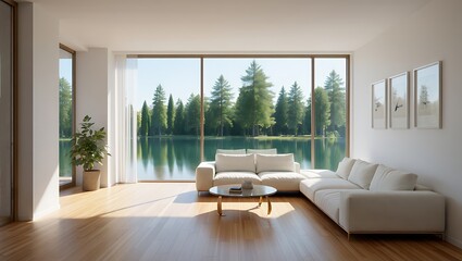 Modern Minimalist Living Room Design with Stunning Lake and Forest View