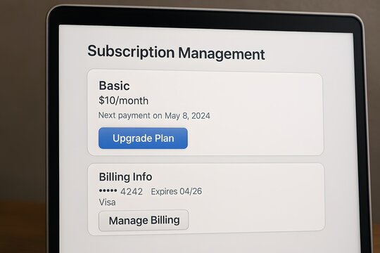 Subscription management information displayed on a laptop screen, showcasing a basic plan and billing details. The user is provided with options to upgrade or manage the current billing information