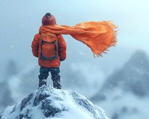 A child standing atop a snowy mountain peak their scarf blowing in the wind