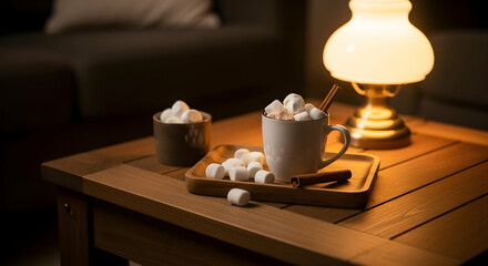 Warm Cocoa With Marshmallows and Cinnamon Sticks On Wooden Table Near Lamp