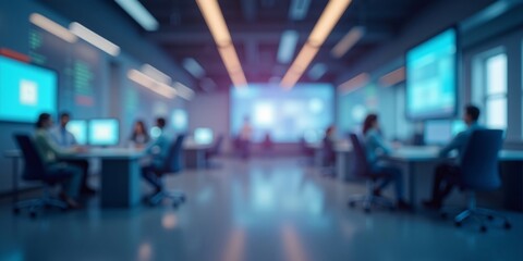A blurred tech office background with blurred screens, futuristic displays and digital panels.