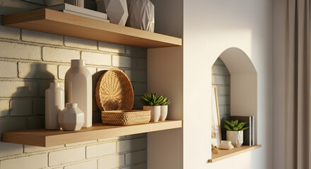 Cozy Home Decor Floating Shelves Against Brick Wall with Plants and Ceramics