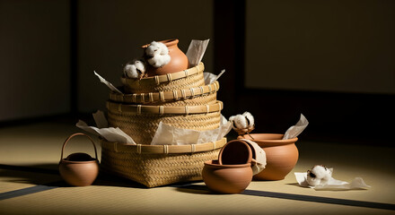 Still Life Featuring Woven Baskets Terracotta Pottery and Natural Cotton Buds