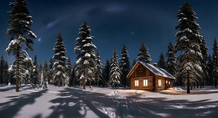 Cozy Cabin Glows Amidst a Snow-Covered Woodland Under a Starry Night