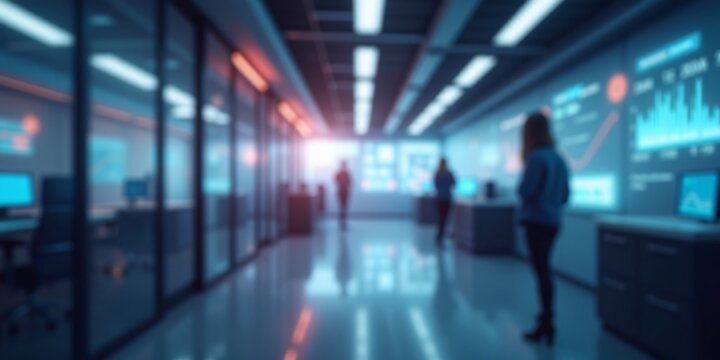 A blurred tech office background with blurred screens, futuristic displays and digital panels. - Powered by Adobe