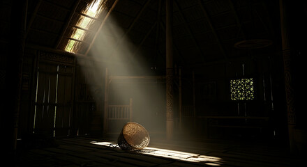 Atmospheric Interior View With a Woven Basket and Sunlight Beam