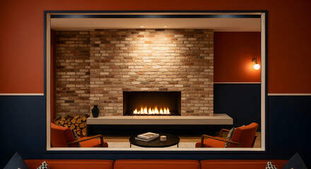 Modern Living Room Interior With Brick Fireplace And Stylish Furniture