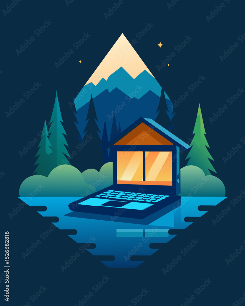 Poster the only source of light in a secluded cabin is the screen of an open laptop the peacefulness of the