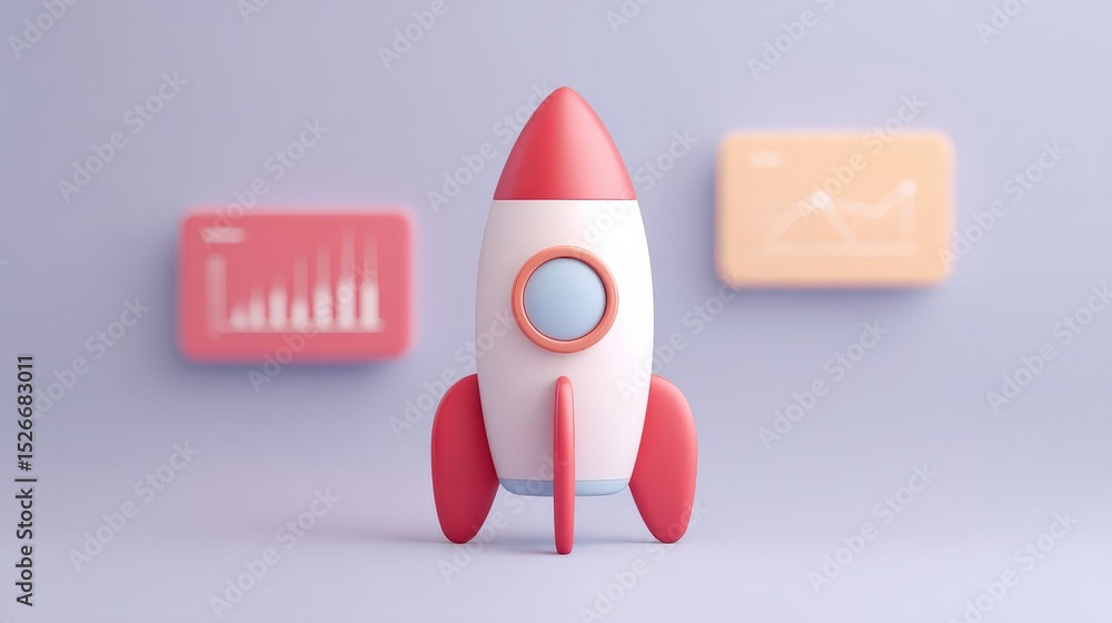 Poster marketing metrics engagement automation concept. cute rocket with charts in a minimalist design back