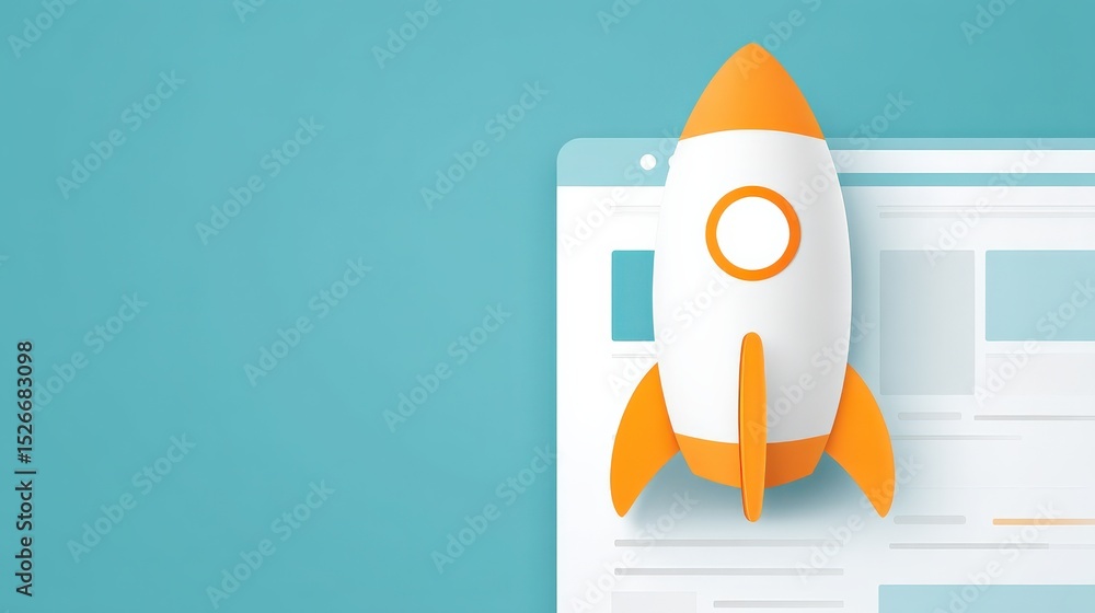 Poster marketing metrics engagement automation concept. colorful rocket model on a webpage background, symb