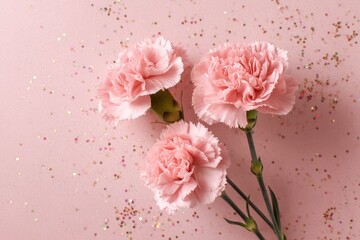 Fototapeta premium Three Pink Carnations on a Pink Background with Scattered Confetti for a Delicate Aesthetic