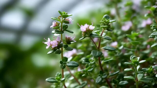 Delicate thyme flowers blooming in a lush greenhouse setting
