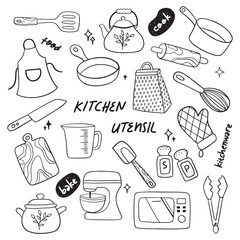 Set of kitchen utensils doodle hand drawn