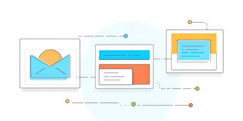 Marketing metrics engagement automation concept. Digital illustrations of messages and notifications with vibrant colors.