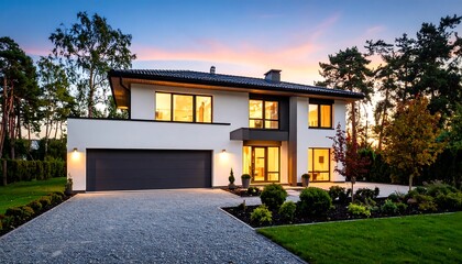 Modern house with twilight, and garden.