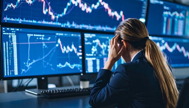 Stressed businesswoman in trading room