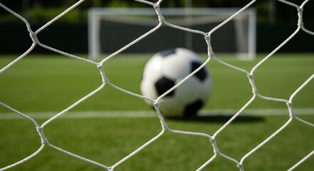 A close-up of a soccer goal net with a ball visible through the netting, set on a green field.