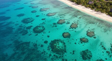 Aerial view of a pristine beach with turquoise water and coral reefs near tropical island.
