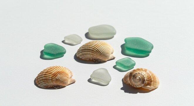 Arrangement of sea shells and colorful pieces of sea glass on a bright white surface. 