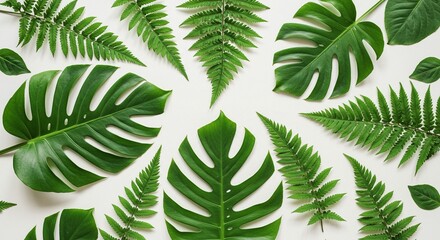 Overhead shot showcases a vibrant arrangement of diverse green leaves on a clean, white backdrop.
