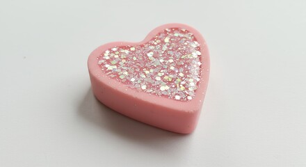 Heart shaped pink craft object decorated with glitter