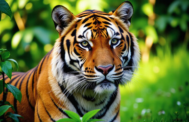 Naklejka premium Close-up majestic tiger with sharp eyes and vivid stripes.