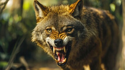 A wild animal baring teeth in a defensive stance in the wild representing natural instinct and aggression