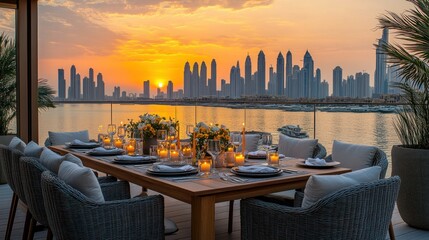 Luxurious outdoor dining, sunset over Dubai
