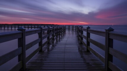 Obraz premium Serene sunset at wooden pier with vibrant sky and calm waters