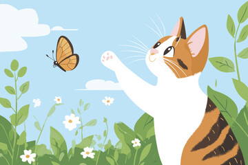 Cute cat reaching for a butterfly in a colorful garden
