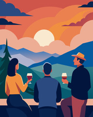 Fototapeta premium As the sun sets behind the distant hills a group of colleagues discuss project ideas while sipping on glasses of locally made wine.. Vector illustration