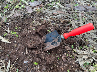 Mini hand shovel being used to dig in the soil