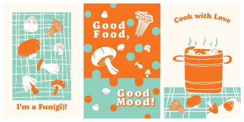 Set of 3 poster designs in healthy food concept, Veggie Time! Series. Cute hand drawn mushrooms illustration in minimal style, Orange, green and beige colors.