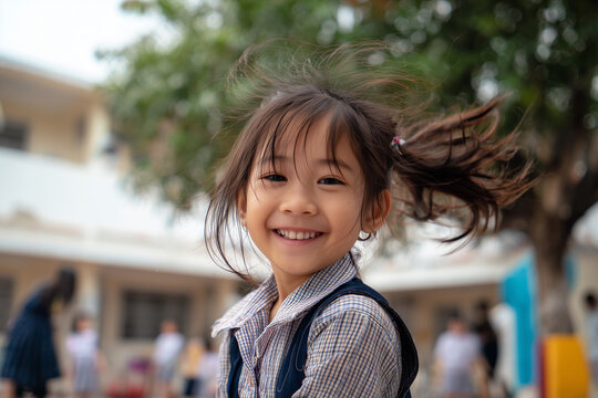 A young girl with long hair is smiling and posing for a picture. She is wearing a blue dress and a blue vest. The scene takes place in a school yard, with other children in the background