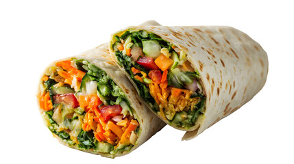 Vegetarian Burrito Cut in Half on on white Background