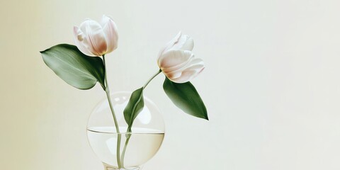 Fototapeta premium Elegant image of two pale tulips with green leaves placed in a clear round glass vase, set against a soft beige background. Copy space