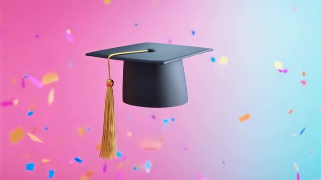 Celebratory graduation cap flying amidst vibrant confetti on colorful background
