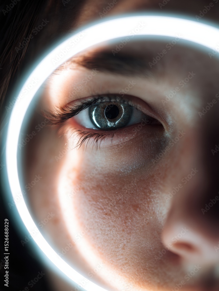 Poster reflected glow of ring light in a photographers eye during a creative session in a clean studio spac